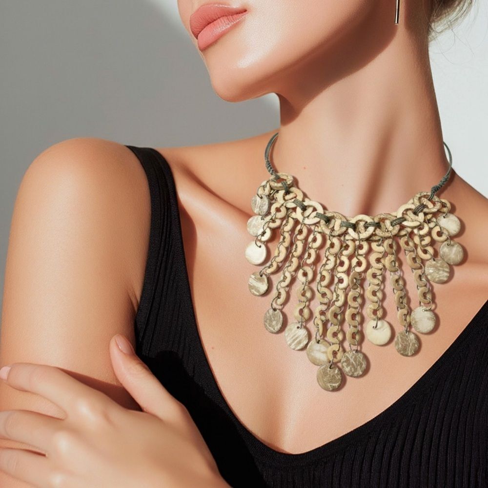 Boho Natural Shell Fringe Statement Necklace | Adjustable Tie